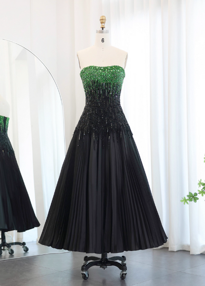 Edles, schwarzes und grünes Color-Block-A-Linien-Trägerloses Pailletten-Satin-langes Ballkleid Abendkleid P4637