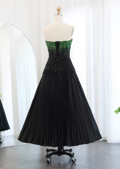 Edles, schwarzes und grünes Color-Block-A-Linien-Trägerloses Pailletten-Satin-langes Ballkleid Abendkleid P4637