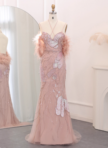 Verträumtes pinkes Meerjungfrauen-Spaghettiträgerkleid mit offenem Rücken, Perlen, Pailletten und Tüll, langes Ballkleid, Abendkleid P4638