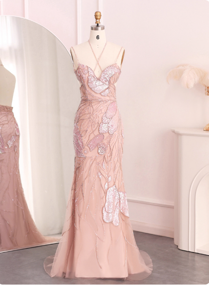 Verträumtes pinkes Meerjungfrauen-Spaghettiträgerkleid mit offenem Rücken, Perlen, Pailletten und Tüll, langes Ballkleid, Abendkleid P4638
