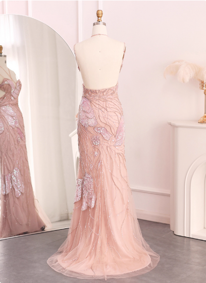 Verträumtes pinkes Meerjungfrauen-Spaghettiträgerkleid mit offenem Rücken, Perlen, Pailletten und Tüll, langes Ballkleid, Abendkleid P4638
