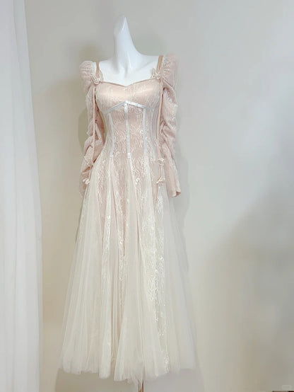 Retro Palace Nude Pink A-Linie Lang Spitze Tüll Langes Ballkleid Abendkleid P4064