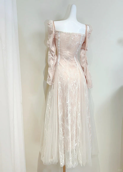 Retro Palace Nude Pink A-Linie Lang Spitze Tüll Langes Ballkleid Abendkleid P4064