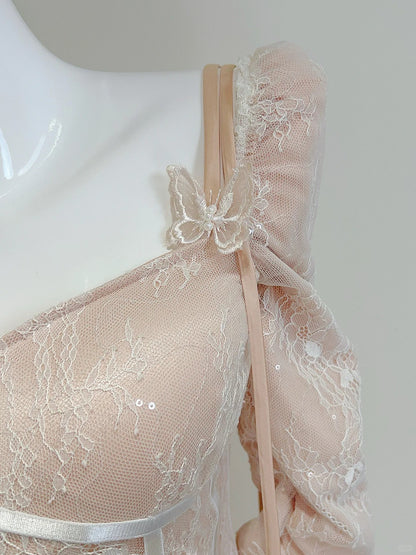 Retro Palace Nude Pink A-Linie Lang Spitze Tüll Langes Ballkleid Abendkleid P4064