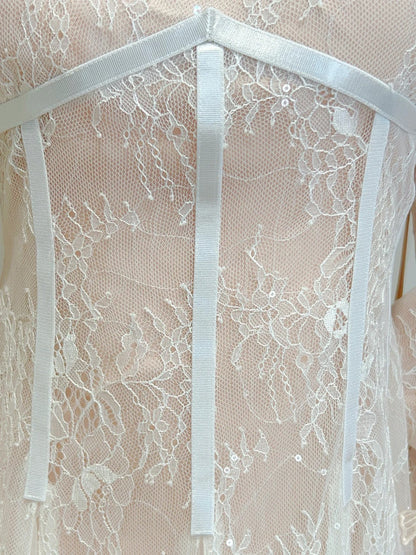 Retro Palace Nude Pink A-Linie Lang Spitze Tüll Langes Ballkleid Abendkleid P4064