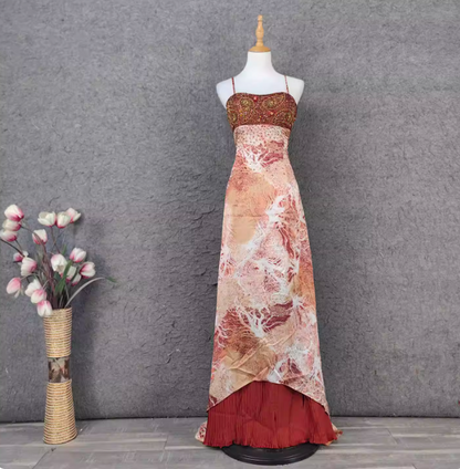 Vintage Rot-Braun Vergoldet Farbverlauf Spaghettiträger Perlenbesetztes Satin Langes Ballkleid Abendkleid P4640