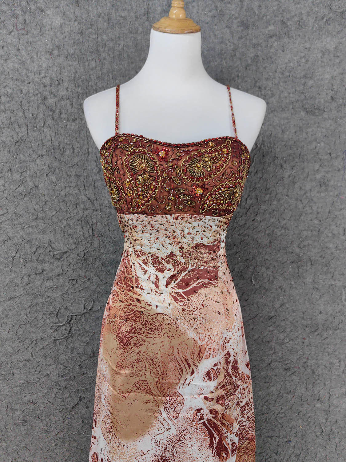 Vintage Rot-Braun Vergoldet Farbverlauf Spaghettiträger Perlenbesetztes Satin Langes Ballkleid Abendkleid P4640