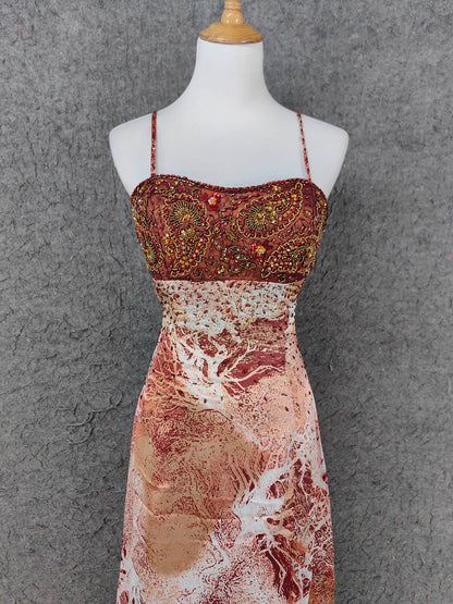 Vintage Rot-Braun Vergoldet Farbverlauf Spaghettiträger Perlenbesetztes Satin Langes Ballkleid Abendkleid P4640