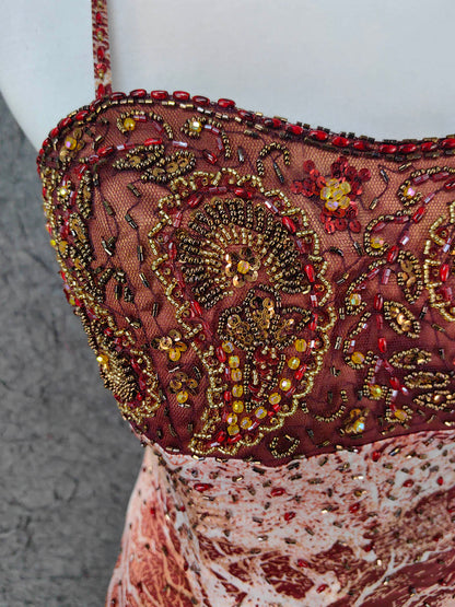 Vintage Rot-Braun Vergoldet Farbverlauf Spaghettiträger Perlenbesetztes Satin Langes Ballkleid Abendkleid P4640