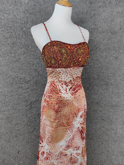 Vintage Rot-Braun Vergoldet Farbverlauf Spaghettiträger Perlenbesetztes Satin Langes Ballkleid Abendkleid P4640