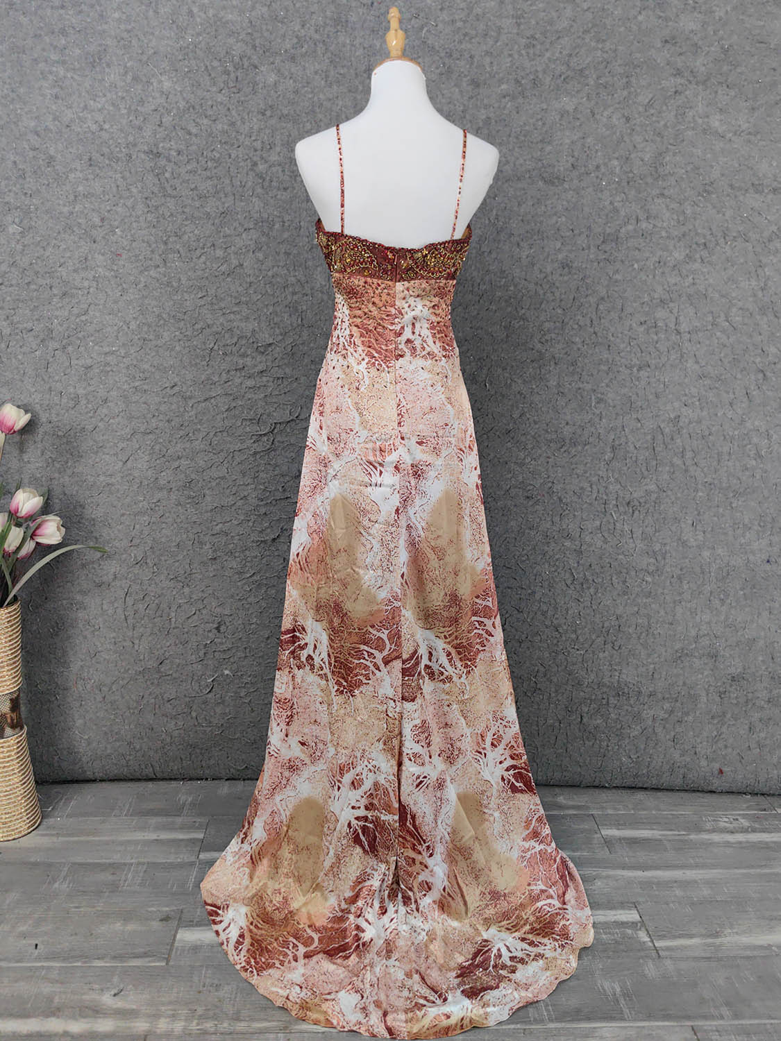 Vintage Rot-Braun Vergoldet Farbverlauf Spaghettiträger Perlenbesetztes Satin Langes Ballkleid Abendkleid P4640