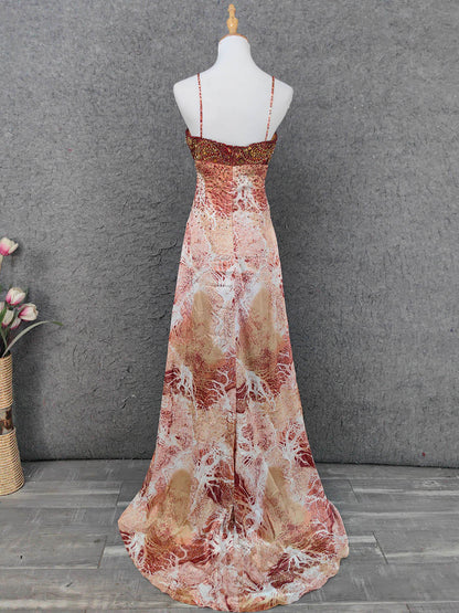 Vintage Rot-Braun Vergoldet Farbverlauf Spaghettiträger Perlenbesetztes Satin Langes Ballkleid Abendkleid P4640