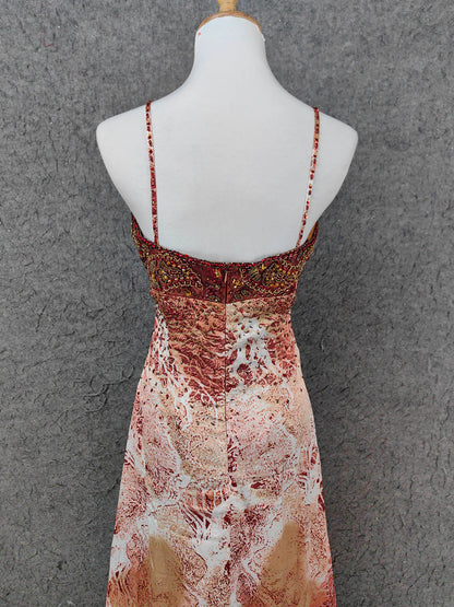 Vintage Rot-Braun Vergoldet Farbverlauf Spaghettiträger Perlenbesetztes Satin Langes Ballkleid Abendkleid P4640