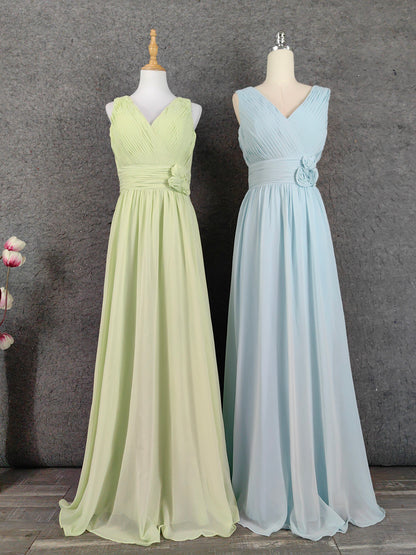 Elegantes hellgrünes, ärmelloses, rüschenbesetztes Chiffon-Abendkleid mit V-Ausschnitt in A-Linie P4641