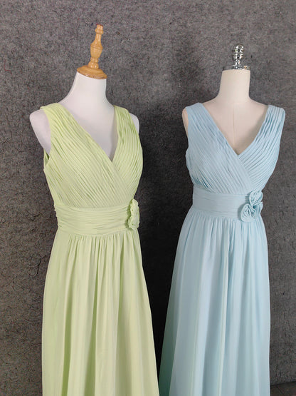 Elegantes hellgrünes, ärmelloses, rüschenbesetztes Chiffon-Abendkleid mit V-Ausschnitt in A-Linie P4641