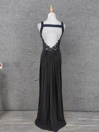 Klassisches Schwarzes V-Ausschnitt Ärmelloses Offenes Rücken Spitzen Chiffon Langes Ballkleid Abendkleid P4642