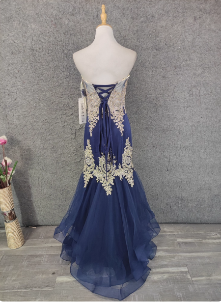 Vintage dunkelblaues Sweetheart-Neckline-Abendkleid aus Tüll mit Spitze und Strasssteinen P4646