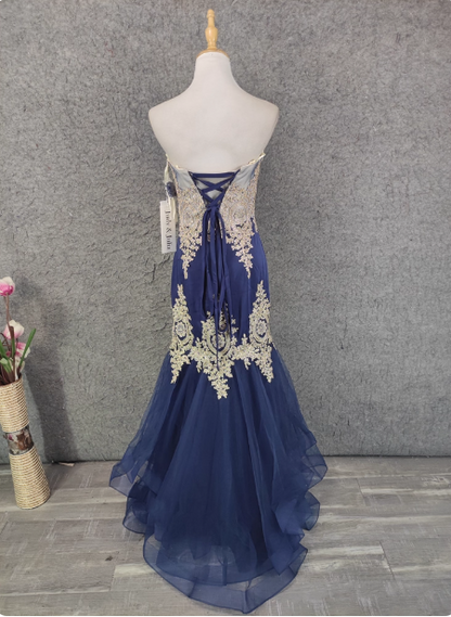 Vintage dunkelblaues Sweetheart-Neckline-Abendkleid aus Tüll mit Spitze und Strasssteinen P4646