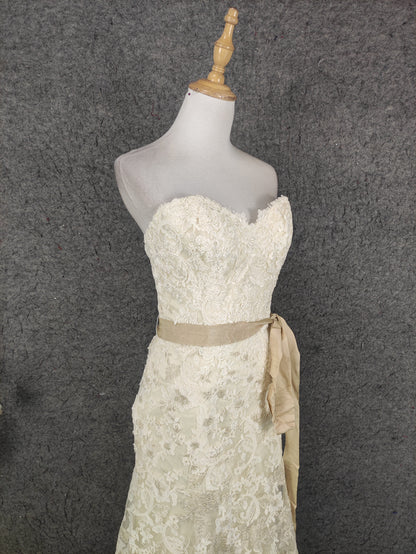Elegantes Champagnerfarbenes, Cremeweißes, schulterfreies Ballkleid mit Herzausschnitt, Spitze und Schleppe, Abendkleid P4647