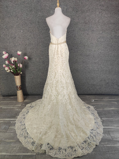 Elegantes Champagnerfarbenes, Cremeweißes, schulterfreies Ballkleid mit Herzausschnitt, Spitze und Schleppe, Abendkleid P4647