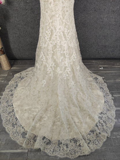 Elegantes Champagnerfarbenes, Cremeweißes, schulterfreies Ballkleid mit Herzausschnitt, Spitze und Schleppe, Abendkleid P4647