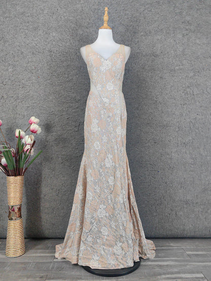 Elegantes, errötendes, rosa Spitzen-Gradienten-Spaghettiträger-V-Ausschnitt-Kleid für Abschlussball, Abendkleid P4648