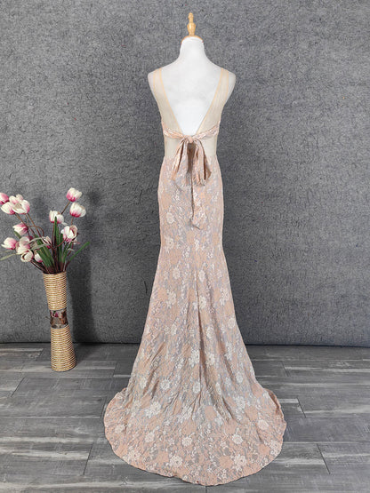 Elegantes, errötendes, rosa Spitzen-Gradienten-Spaghettiträger-V-Ausschnitt-Kleid für Abschlussball, Abendkleid P4648
