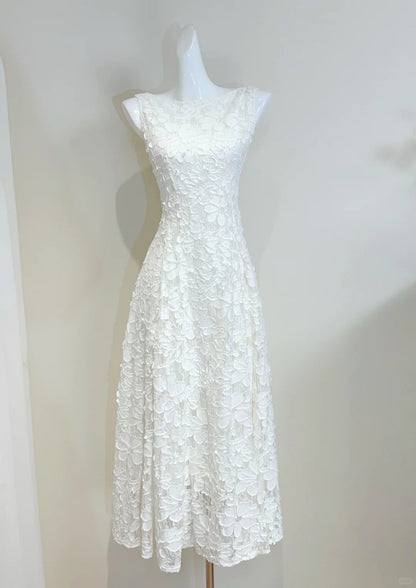 Élégante Robe de Bal de Soirée de Demoiselle d'honneur en Dentelle Blanche Coupe A, Col Rond P4065