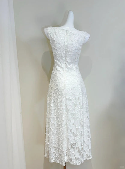 Élégante Robe de Bal de Soirée de Demoiselle d'honneur en Dentelle Blanche Coupe A, Col Rond P4065
