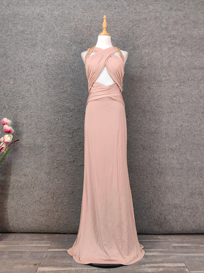 Atemberaubendes rosa, ärmelloses, perlenbesetztes Satin-Ballkleid mit Überkreuzträgern Abendkleid P4650