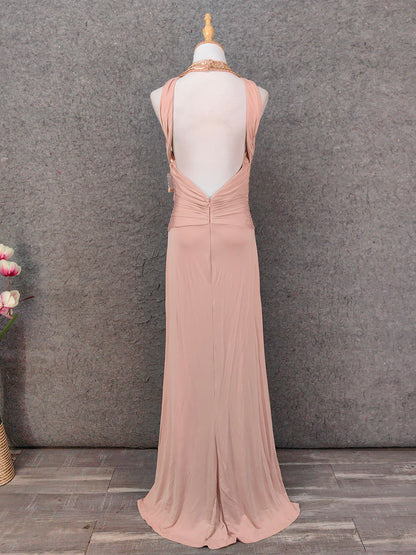 Atemberaubendes rosa, ärmelloses, perlenbesetztes Satin-Ballkleid mit Überkreuzträgern Abendkleid P4650