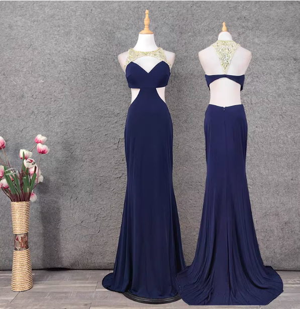 Elegantes marineblaues Meerjungfrauen-Abendkleid aus Chiffon mit Perlenstickerei und offener Rückenpartie P4651
