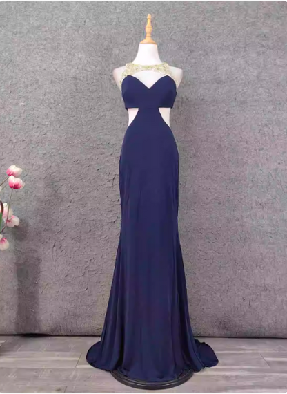 Elegantes marineblaues Meerjungfrauen-Abendkleid aus Chiffon mit Perlenstickerei und offener Rückenpartie P4651