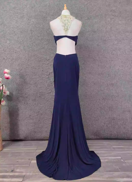Elegantes marineblaues Meerjungfrauen-Abendkleid aus Chiffon mit Perlenstickerei und offener Rückenpartie P4651
