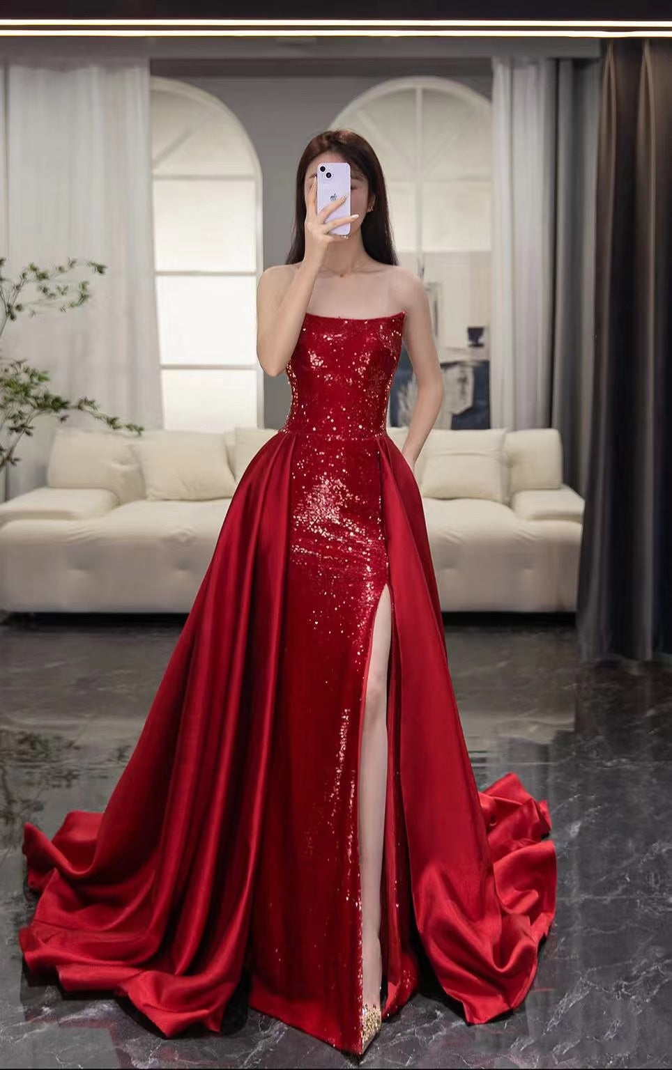 Mermaid Strapless Sequin Red Prom Dresses Long Evening Dress P2026 –  PreppyDress