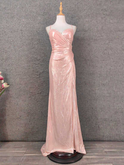 Süßes rosafarbenes Spaghettiträger-Kleid mit V-Ausschnitt, Rüschen, offener Rücken, Satin-Schleppe, Ballkleid, Abendkleid, Brautjungfernkleid P4653