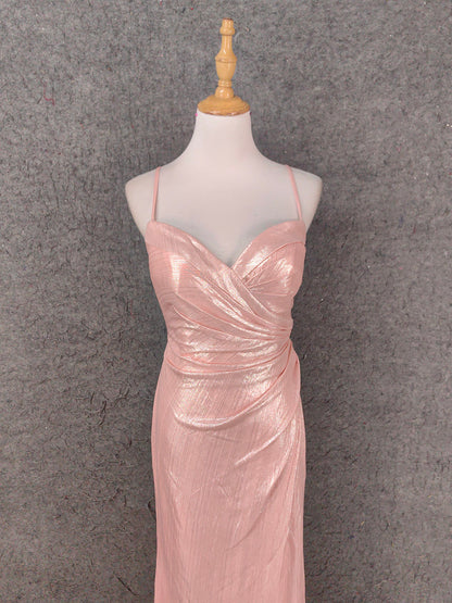 Süßes rosafarbenes Spaghettiträger-Kleid mit V-Ausschnitt, Rüschen, offener Rücken, Satin-Schleppe, Ballkleid, Abendkleid, Brautjungfernkleid P4653