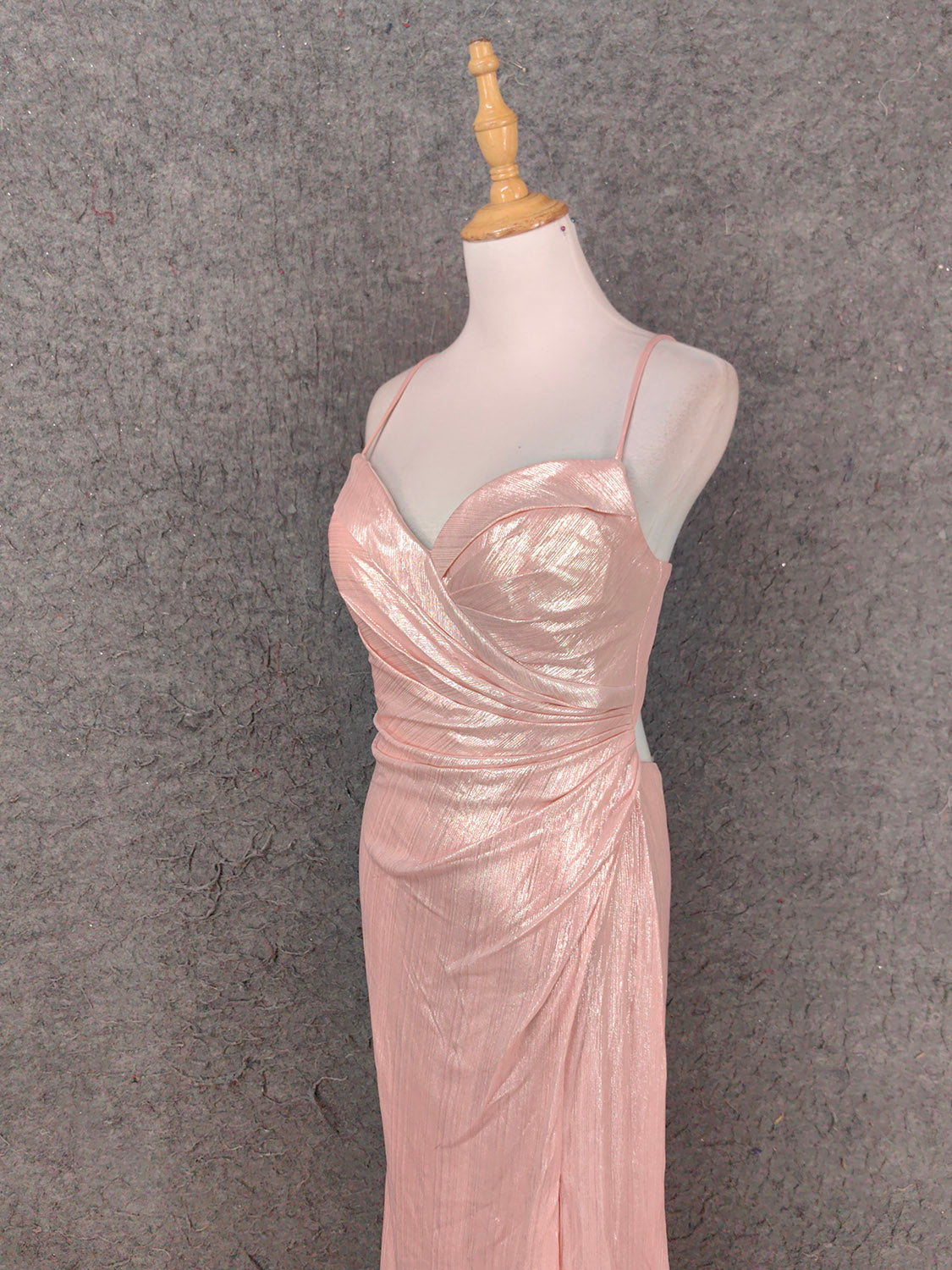 Sweet Pink Spaghetti Strap V-Neck Ruffled Open Back Satin Train Prom Dress Evening Dress Bridesmaid Dress P4653