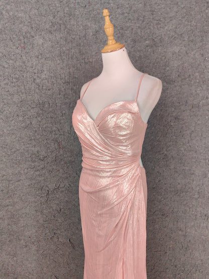 Süßes rosafarbenes Spaghettiträger-Kleid mit V-Ausschnitt, Rüschen, offener Rücken, Satin-Schleppe, Ballkleid, Abendkleid, Brautjungfernkleid P4653