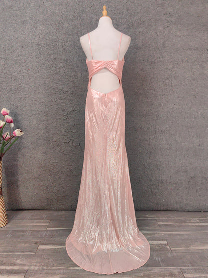 Süßes rosafarbenes Spaghettiträger-Kleid mit V-Ausschnitt, Rüschen, offener Rücken, Satin-Schleppe, Ballkleid, Abendkleid, Brautjungfernkleid P4653