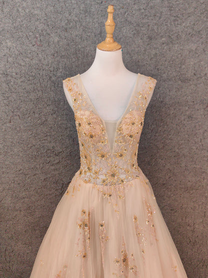 Prinzessin Champagner A-Linie V-Ausschnitt Ärmellos Pailletten Perlen Tüll Langes Ballkleid Abendkleid P4655