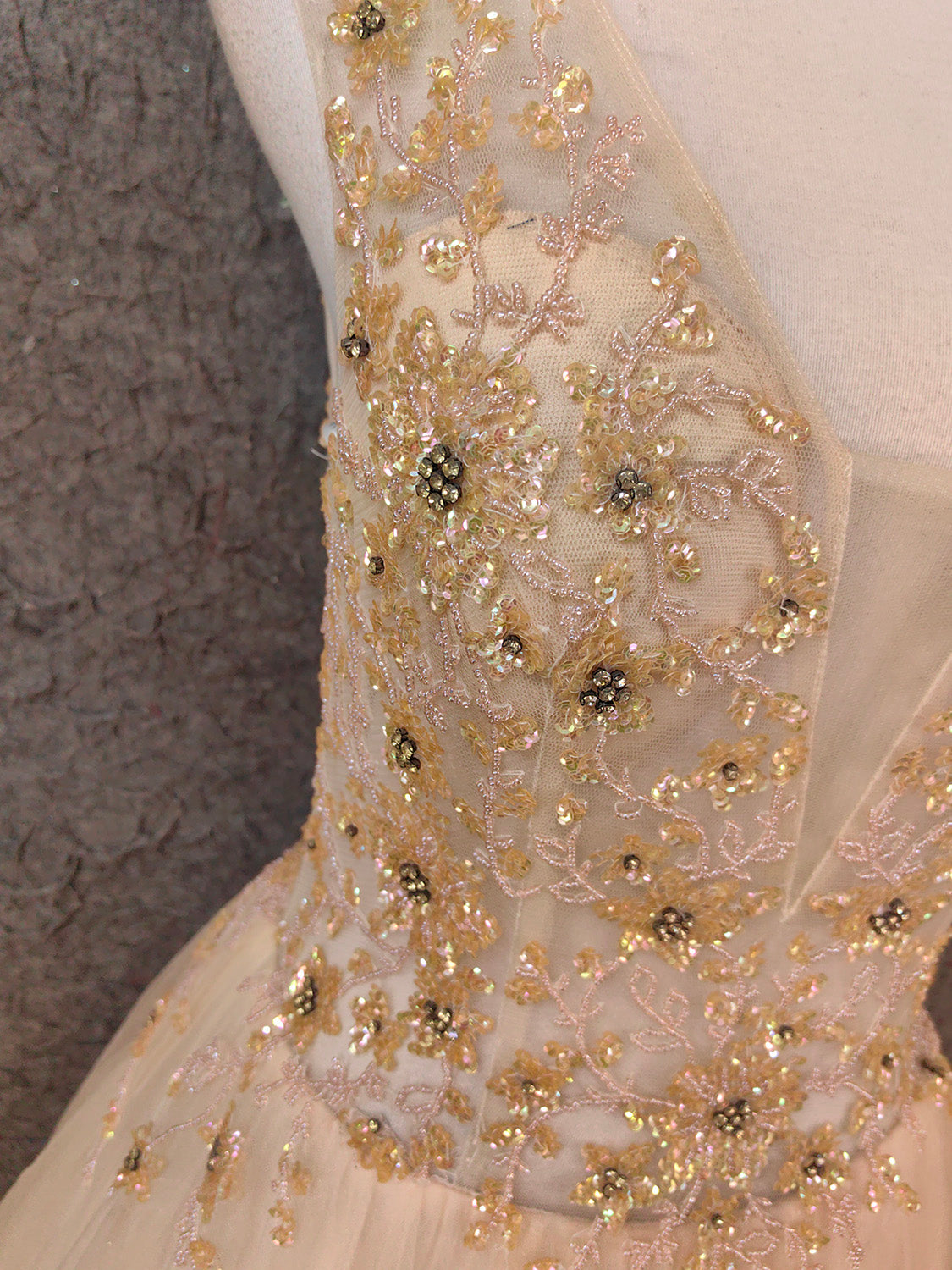 Princess Champagne A-Line V-Neck Sleeveless Sequin Beaded Tulle Long P – PreppyDress