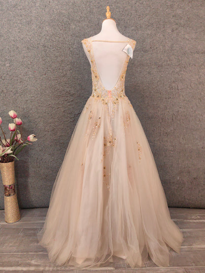 Prinzessin Champagner A-Linie V-Ausschnitt Ärmellos Pailletten Perlen Tüll Langes Ballkleid Abendkleid P4655