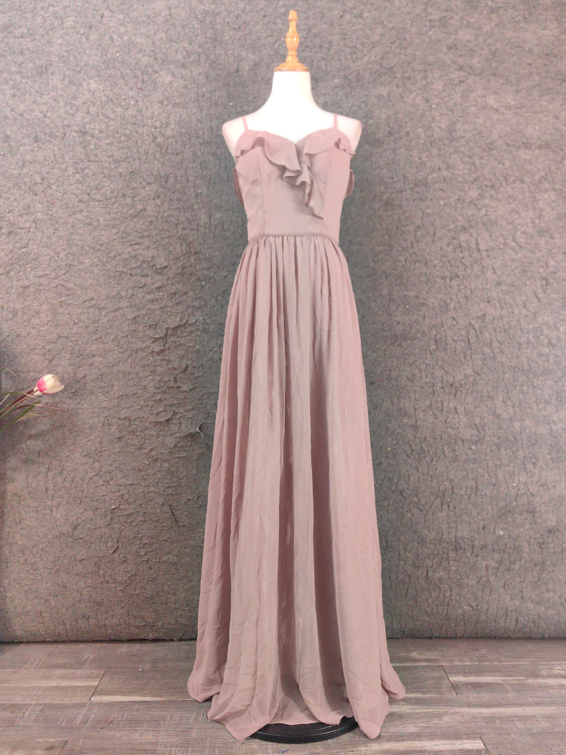 Elegant Dusty Pink Spaghetti Strap Ruffled Chiffon Long Prom Dress Evening Dress Bridesmaid Dress P4656