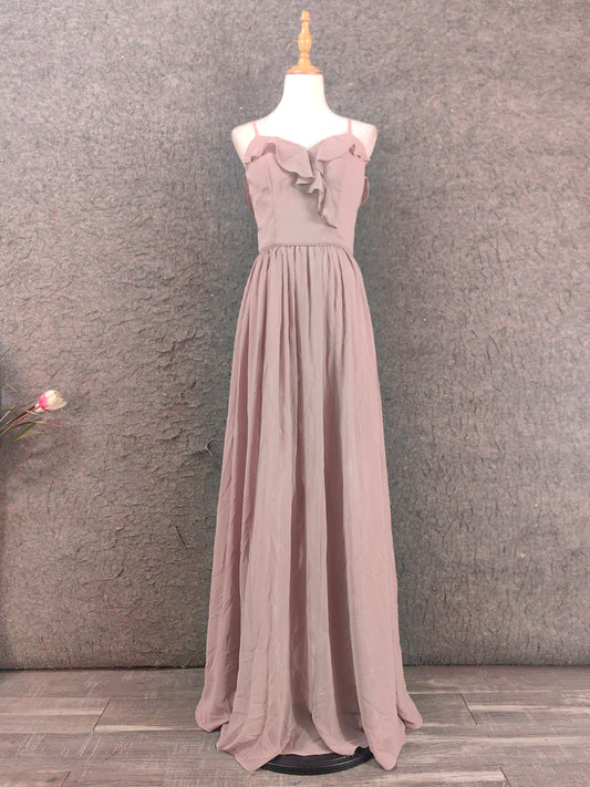 Elegant Dusty Pink Spaghetti Strap Ruffled Chiffon Long Prom Dress Evening Dress Bridesmaid Dress P4656