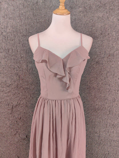 Elegantes, staubrosafarbenes, schulterfreies, gerüschtes Chiffon-Abendkleid, langes Ballkleid, Brautjungfernkleid P4656