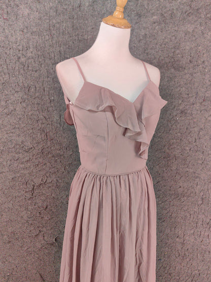 Elegantes, staubrosafarbenes, schulterfreies, gerüschtes Chiffon-Abendkleid, langes Ballkleid, Brautjungfernkleid P4656