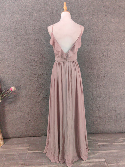 Elegantes, staubrosafarbenes, schulterfreies, gerüschtes Chiffon-Abendkleid, langes Ballkleid, Brautjungfernkleid P4656