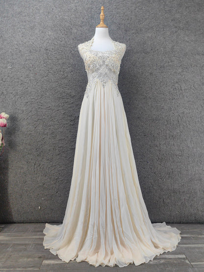 Elegantes elfenbeinfarbenes, perlenbesetztes Spitzen-Chiffon-Abendkleid mit Flügelärmeln P4657