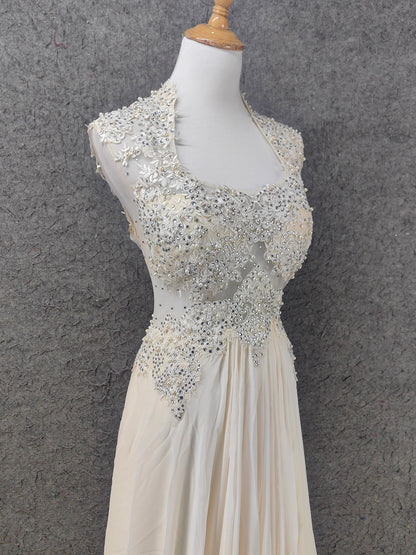 Elegantes elfenbeinfarbenes, perlenbesetztes Spitzen-Chiffon-Abendkleid mit Flügelärmeln P4657